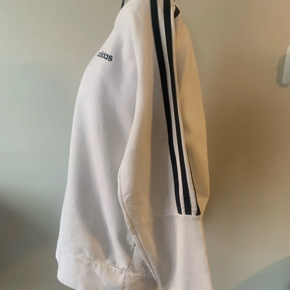 Adidas Classic White Crewneck with Black Sleeve Stripes-Women’s - Picture 2 of 3